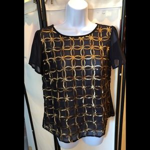 Navy blue and gold sheer top